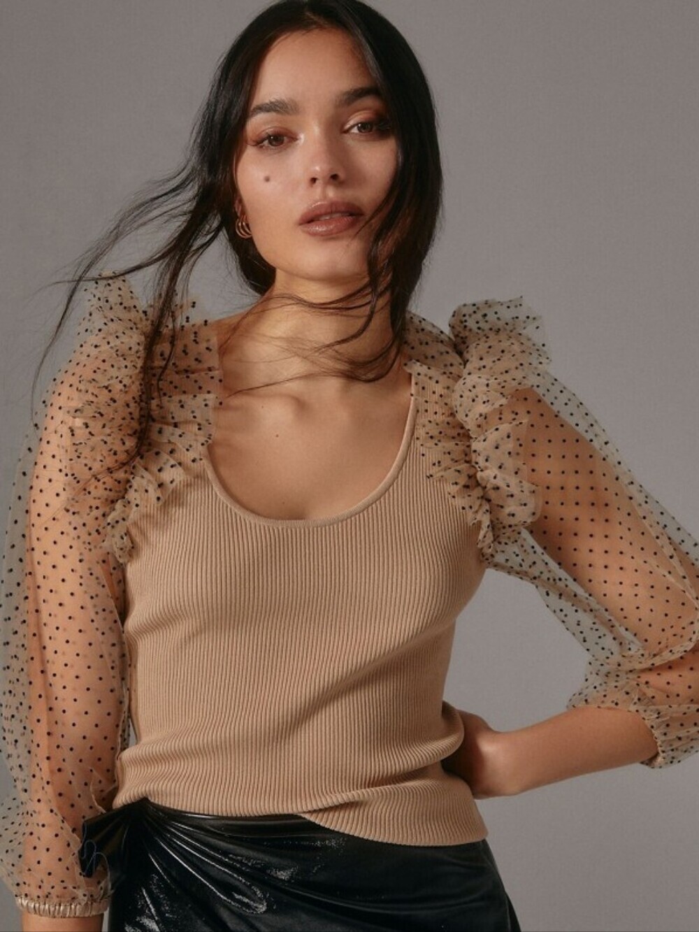 Dolan Anthro Coquette Mesh/Sheer Polka Dot Balloon Sleeve Twee Knit Top Size S